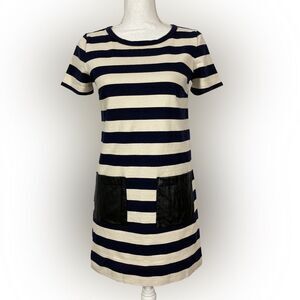 J Crew Dress Women’s XS Blue Beige Stripe Short Sleeve Pockets Preppy Casual